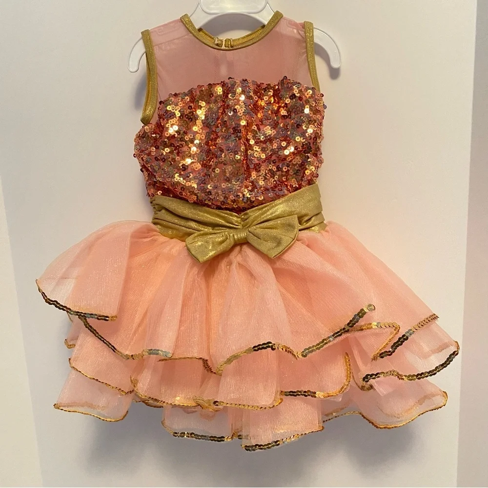 Revolution This Magic Moment Sequin Tulle Coral Gold Dance Costume Size SC